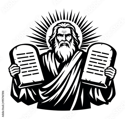 Moses, a central figure in Abrahamic religions, holding two stone tablets inscribed with divine laws from Mount Sinai