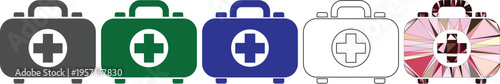 Colorful medical first aid kit icons in various styles and colors on white background