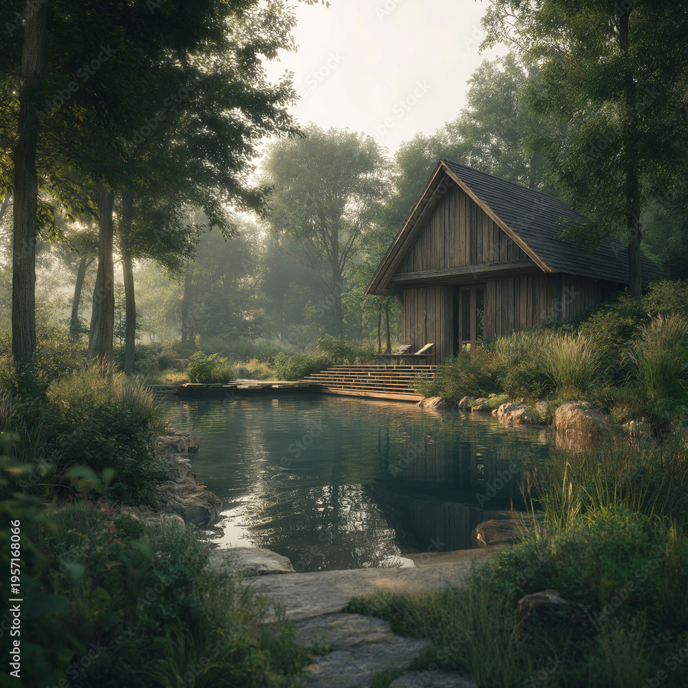 Fototapeta premium Cozy Wooden Cottage with Small Natural Pool in Lush Forest Landscape, Peaceful Morning Light