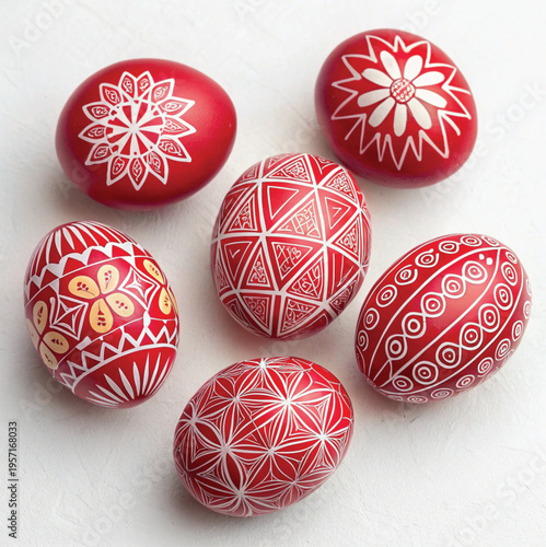 Six red and white decorated eggs on a white surface.