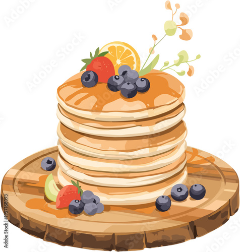 Delicious Stack of Fluffy Buttermilk Pancakes with Maple Syrup Fresh Blueberries Strawberries and Orange Slice Illustration on Wooden Board for Breakfast Brunch Menu Sweet Food Vector Art Graphics