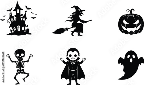 Halloween silhouettes, haunted house, flying witch, pumpkin face, dancing skeleton, vampire pose, ghost float, spooky icons, festive design, eerie vibe