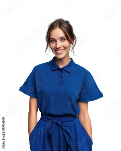 Confident young woman smiling while wearing a blue polo shirt with a relaxed fit, showcasing a cheerful expression