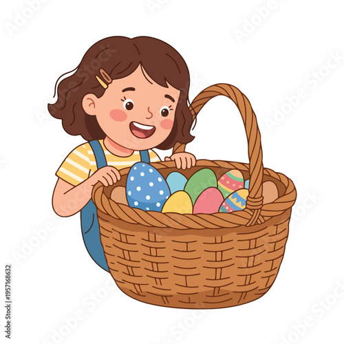 vector child arranging easter eggs in basket