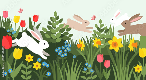 Playful Easter bunnies hopping through a vibrant spring garden.