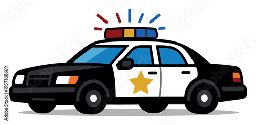 Police patrol car in motion with a prominent star logo and flashing sirens, representing power, fairness, and safeguarding