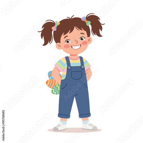 vector child standing hiding easter eggs behind his body