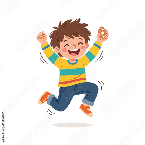 vector child jumping happily holding easter egg