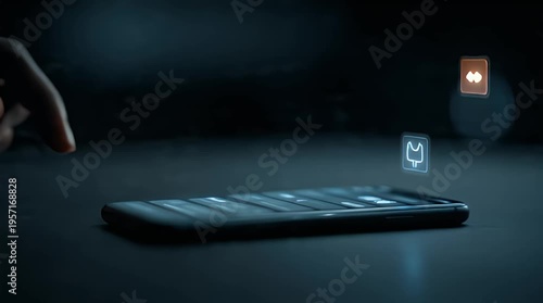 Futuristic smartphone interface with holographic icons in dark setting