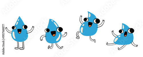 cute water drop character set with playful emotions and motion poses, simple cartoon vector illustration for hydration concept and kids design