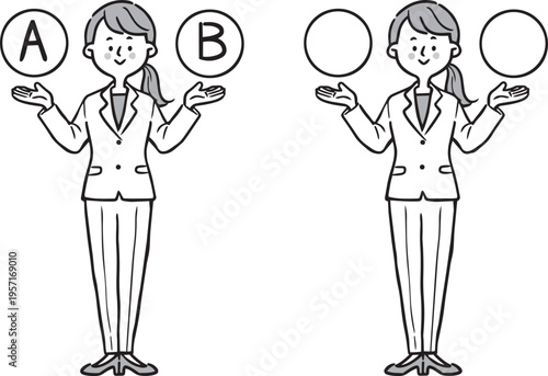 AとBの選択肢　若い女性会社員　全身　ベクター（モノクロ）