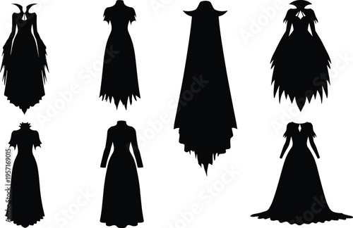 Gothic dress silhouettes, fantasy fashion, dramatic gowns, costume design, black shapes, pointed shoulders, flowing skirts, eerie vibe, character styling