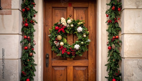 Festive Christmas Wreath and Garland Decorating a Wooden Door.