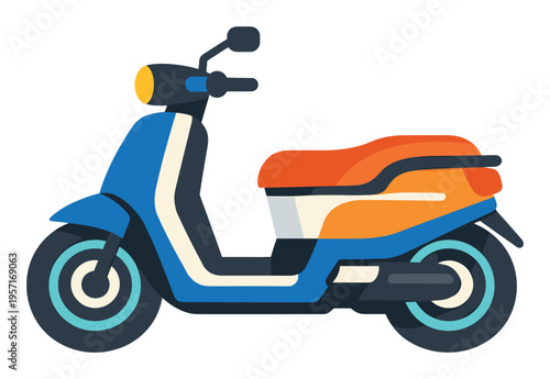 Blue and orange scooter with graphic flat design style, representing modern mobility and local city transport