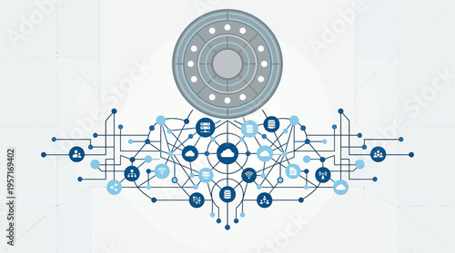 A sleek silver UFO hovers ominously above a stylized abstract representation of a global data network.