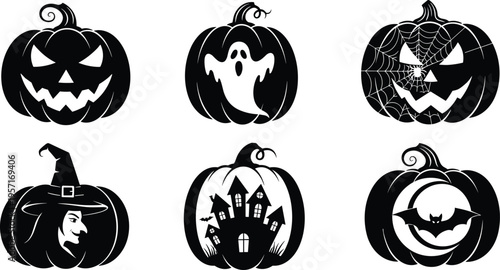 Halloween pumpkin carvings, ghost design, witch silhouette, haunted house, bat and moon, spider web, spooky icons, festive theme, eerie vibe