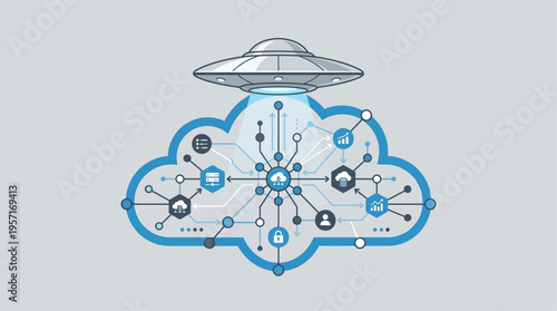 A sleek silver UFO hovers ominously above a stylized abstract representation of a global data network.