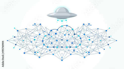 A sleek silver UFO hovers ominously above a stylized abstract representation of a global data network.