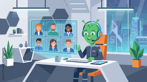 A green alien character, wearing a headset, actively participates in a virtual video conference with holographic human avatars. 