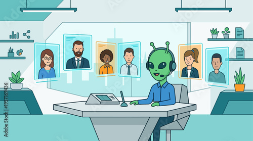 A green alien character, wearing a headset, actively participates in a virtual video conference with holographic human avatars. 
