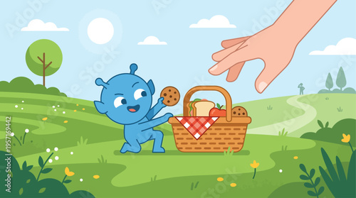 A small, mischievous blue alien character comically snatches a cookie from a picnic basket on a sunny grassy hill. This flat design illustration depicts a lighthearted alien encounter.
