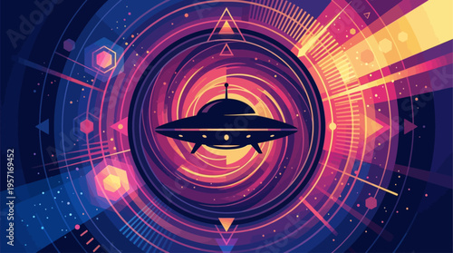 A mysterious dark silhouette of a UFO hovers ominously against a vibrant, geometric abstract background symbolizing cosmic energy or a wormhole.