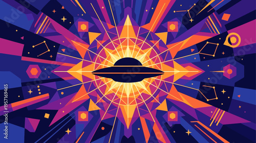 A mysterious dark silhouette of a UFO hovers ominously against a vibrant, geometric abstract background symbolizing cosmic energy or a wormhole.