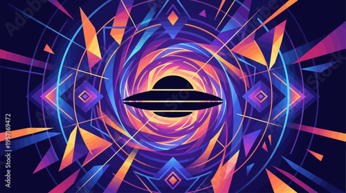 A mysterious dark silhouette of a UFO hovers ominously against a vibrant, geometric abstract background symbolizing cosmic energy or a wormhole.