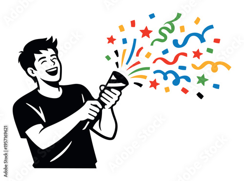 Joyful man celebrating a special event, pulling a party popper, colorful confetti and streamers exploding in the air