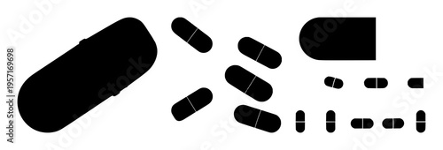 Pill capsule set with minimalist silhouette design featuring capsule shapes, medical icons, health symbols with pharmaceutical imagery and wellness focus