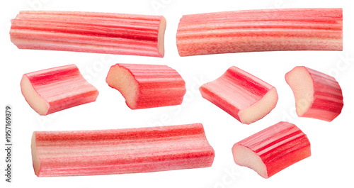 фотографія Cuts of red rhubarb stem on white background