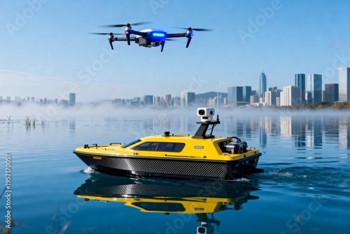 Autonomes Rettungsboot bei Hochwassereinsatz, KI-gesteuerte Drohnen-Navigation über Überflutungsgebiet, modernes Katastrophenmanagement