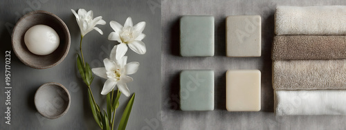 A serene collection of spa and wellness items, including lilies, soaps, and soft towels, creating a tranquil and luxurious ambiance