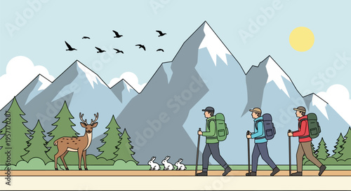 Three hikers with backpacks and walking sticks on a mountain trail.