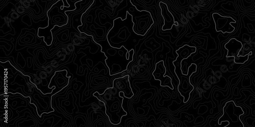 Topographic Contour Map Lines On Black Abstract Background For Navigation And Design.