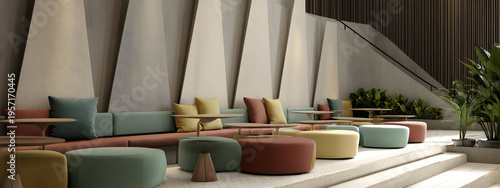 Vibrant contemporary lounge interior with modular colorful seating, geometric wall accents, and modern tables creating an inviting and stylish gathering space for relaxation