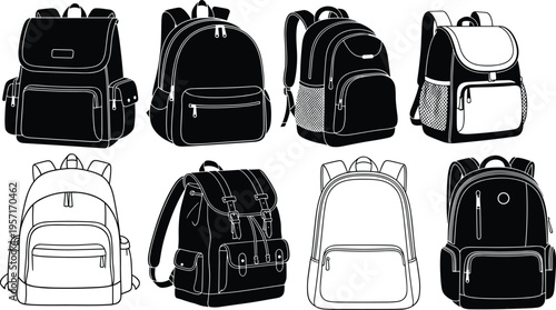 Backpack silhouettes, travel gear, school bags, mesh pockets, buckle straps, flap closures, minimalist design, black icons, accessory shapes
