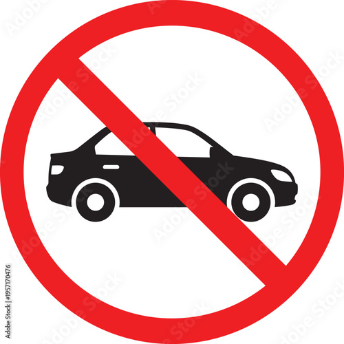 Car prohibition sign black silhouette of a car crossed out in a red circle vector illustration for traffic rules and no parking zones