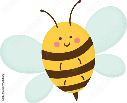 Cute bee flying with blue wings and a happy smile. Insect  summer character isolated on white