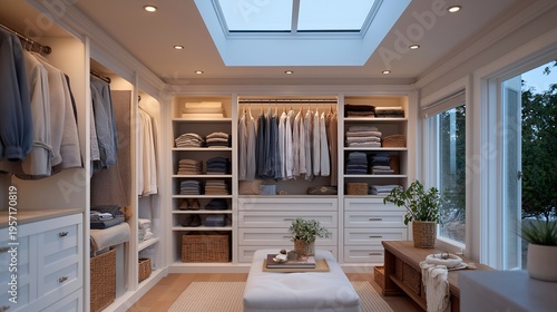 Walk in closet transformation with current fitted wardrobe replacing oversized clothing piles in donation boxes, jewelry organized by era, shoe collection curated, twilight blue hour through