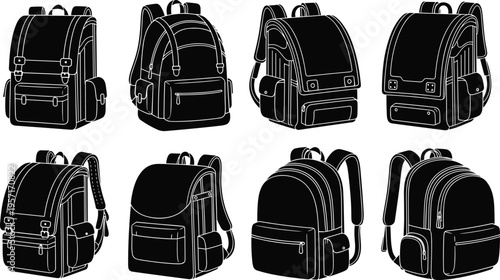 Backpack silhouettes, travel gear, school bags, flap pockets, buckle straps, zipper designs, minimalist style, black icons, accessory shapes