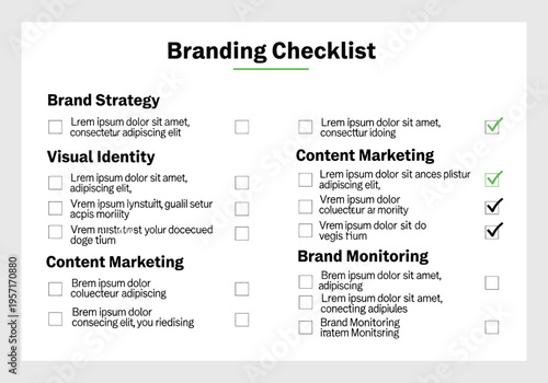 A checklist displays brand strategy, visual identity, content marketing, and brand monitoring sections with some items checked.