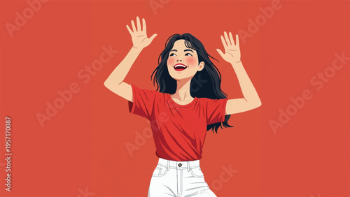 Woman with long dark hair in red shirt and white jeans throwing her hands up in joy or celebration against a vibrant orange background with a carefree expression
