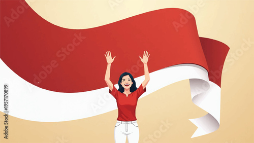 Woman celebrating with red and white flag joyful expression festive atmosphere independence day freedom patriotism national pride cheerful happy waving flag sunny background
