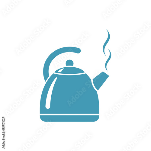 Blue electric kettle with steam rising from the spout.