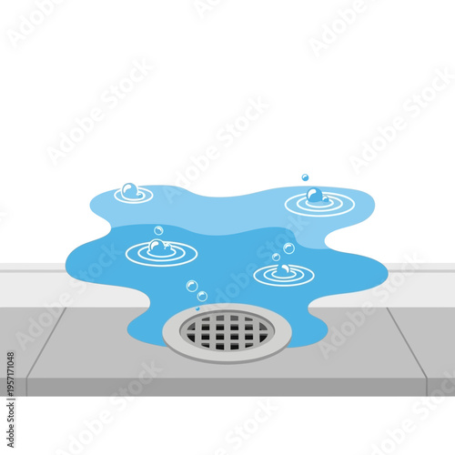 Water leaking from a drain onto a tiled surface, creating puddles.