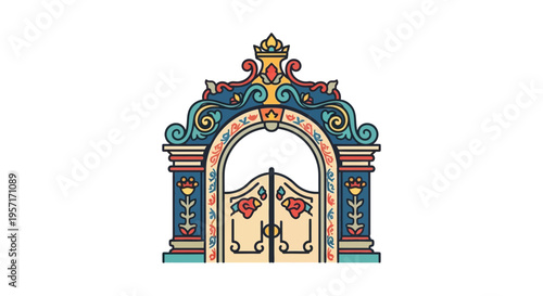 Ornate, colorful decorative gate with intricate patterns and floral motifs.