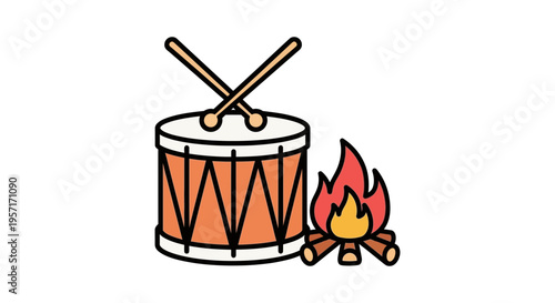 Illustration of a drum with drumsticks and a campfire with logs.