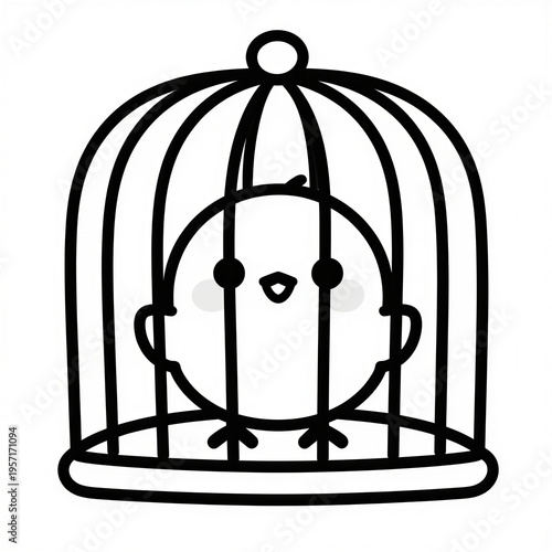 Cartoon bird in a cage, outlined drawing for coloring, suitable for young children