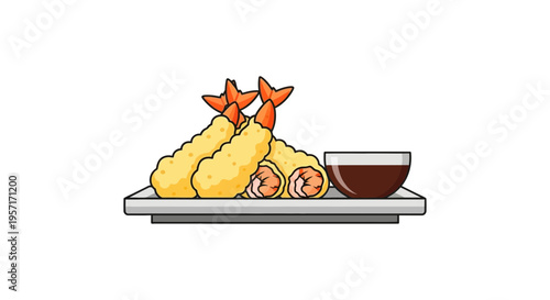 Sushi rolls with dipping sauce and tempura shrimp on a plate.